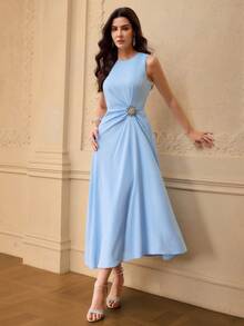 ZEYLAH 女士简约优雅水钻褶皱中长连衣裙 - 藍色 - 查看 5