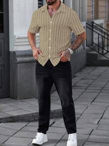 Manfinity CasualCool Men's Casual Striped Button-Down Short Sleeve Shirt - Khaki - View 4