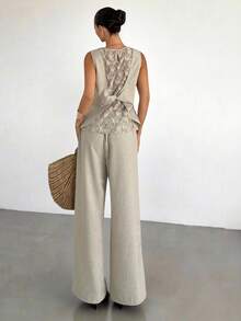 Siren Gaze 2件套亚麻女士夏季新款露背蕾丝拼接吊带背心和阔腿裤套装 - 杏色 - 查看 2