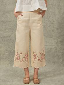 WESTFADE Women's 100 Cotton Pastal Floral Embroidered High-Rise Wide Leg Cropped Pant Scalloped Relaxed Boho Girlisim Western Wear For Autumn Vacation Golf - Apricot - View 3