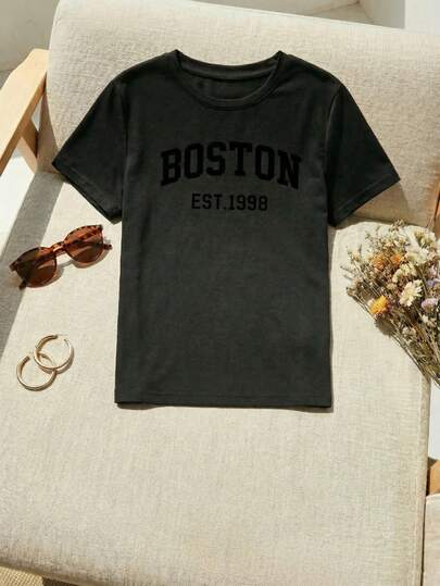 Blusa Camiseta Playera para Mujer Dama Casual Deportiva Básica Gráfica manga corta cuello redondo Estampado Boston Nombre de Ciudad Negro algodón suave cómodo fresco ligero primavera verano conjunto deportivo Cintura Elástica cordón outfit casual diario día noche calle streetwear moderno juvenil