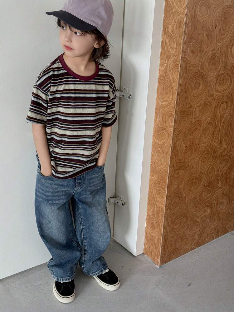 Young Boy Striped Round Neck Casual Loose Short Sleeve T-Shirt Spring Summer