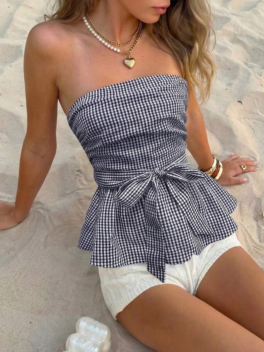 Pariaura Multi-Color Checkered Ruched Tube Top With Adjustable Bow Tie – Cropped Waist-Cinching Sleeveless Blouse - Navy Blue - View 1