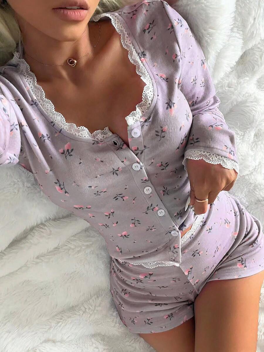 DAZY 2pcs Lace Patchwork Ditsy Floral Slim Fit Cardigan & Shorts Pajama Set, Suitable For Spring & Summer - Mauve Purple - View 1