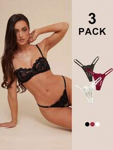 Silquee 3 件套撞色蕾丝蝴蝶结装饰女士丁字裤，情人节款 - 彩色 - 查看 1