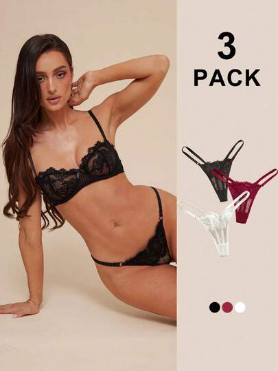 Silquee 3pcs Contrast Lace Bow Decor Women G-String Panties, Valentine's Day Style Bow Tie Women's 3 Pack Lace Push Up Bra And Thong Lingerie Set Black White Red Sexy Lace Trim Push Up Bra And Panty Set For Women 3 Pack Assorted Colors Women's 3 Piece Lingerie Set Sheer Lace Underwire Bra And Thong Pack Lace Thong Pack Underwire Lingerie Set Bras For Women 3 Piece Set Lace Panty Set Push Up Lingerie Set  Sexy Lace Sleep Spandex Valentine's Day Victoria Secret Sexy Curve Romantic Luxenights