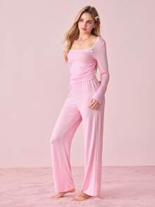 SHEIN 两件套女士方领蝴蝶结INS风睡衣套装，舒适优雅细节，秋冬服装 - 藕粉色 - 查看 1