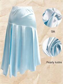 GlowEve CURVE Plus Size High Waist Asymmetrical Side Slit Satin-Like Pearlescent Skirt - Teal Blue - View 1