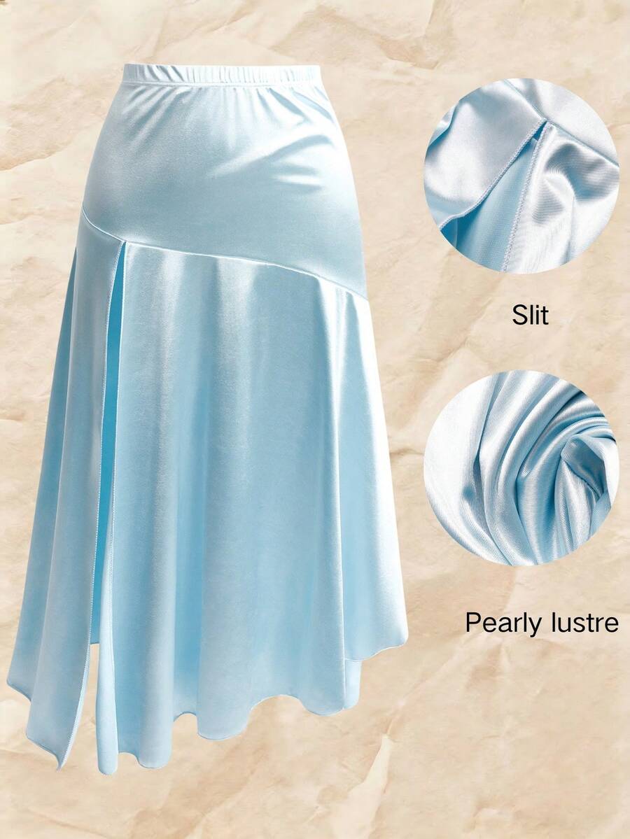 GlowEve CURVE Plus Size High Waist Asymmetrical Side Slit Satin-Like Pearlescent Skirt - Teal Blue - View 1
