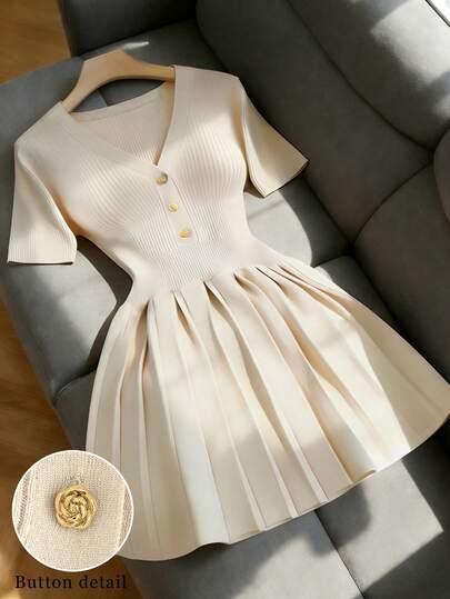 Franclia Women's Casual Elegant Daily Versatile Solid Color V-Neck Straight Shoulder Regular Short Knit Sweater Dress, Plus Size Slim Fit Short Sleeves Metallic Rose Buttons Umbrella-Shaped Pleated Hem Design Elegant Skirt, Vacation Outfit Short Sleeve Dress, Spring Summer