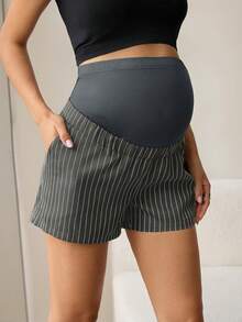MaterniWear Short de maternité décontracté à imprimé rayé avec poches en biais, été - Gris foncé - Voir 4