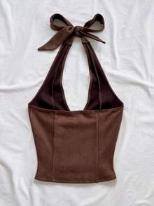 Soleia 新款性感V领系带麂皮解构女式背心，适合假日、约会、下午茶、度假、音乐节、波西米亚风、邮轮、海滩、圣诞节、新年、夜店等场合。 - 咖啡棕 - 查看 2