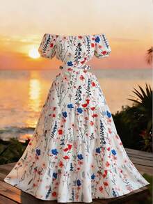 Elenzga 新款优雅印花露肩泡泡袖镂空腰身长款连衣裙，适合日常穿着、婚礼、晚宴、通勤、毕业典礼、节日、度假、约会、派对、万圣节、圣诞节、新年、感恩节等场合。 - 杏色 - 查看 1