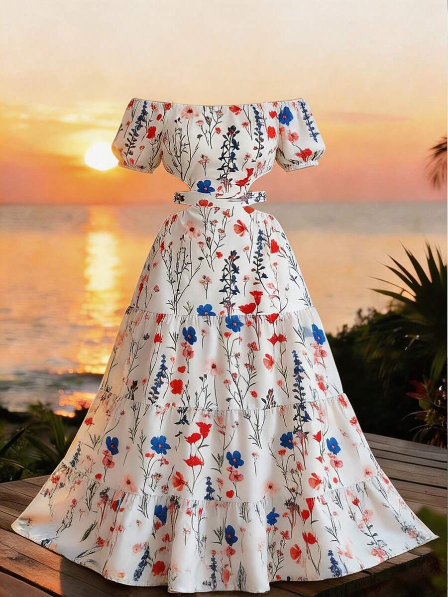 Elenzga 新款优雅印花露肩泡泡袖镂空腰身长款连衣裙，适合日常穿着、婚礼、晚宴、通勤、毕业典礼、节日、度假、约会、派对、万圣节、圣诞节、新年、感恩节等场合。 - 杏色 - 查看 1