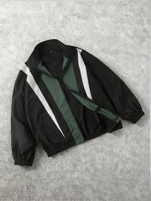 Manfinity EMRG 加大码男士撞色黑绿白风衣 - 綠色 - 查看 6