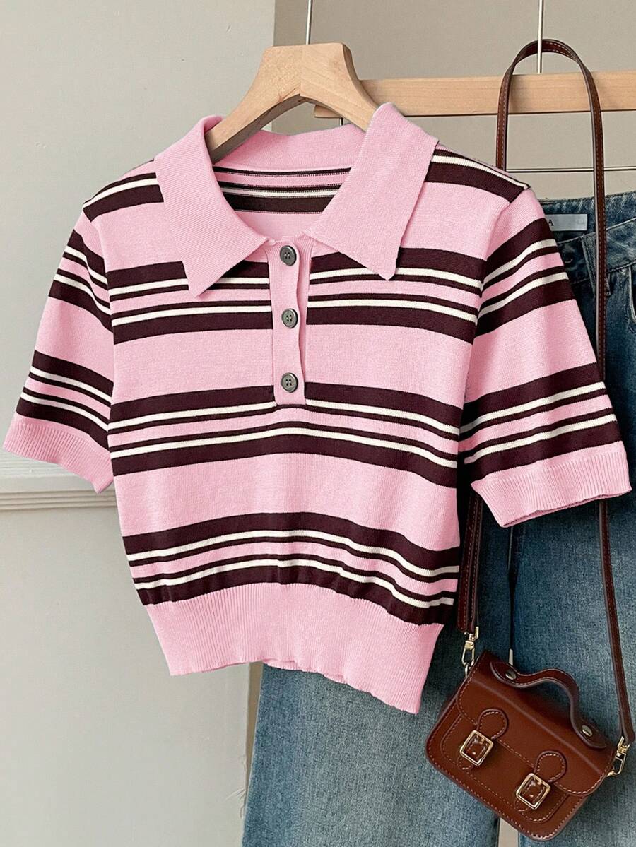 SHEIN EZwear 女士休闲日常条纹多色毛衣 - 粉色 - 查看 1