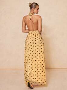 Lumalex 波点柔软舒适网纱垂褶领口褶皱腰身连衣裙，搭配宽松裙摆，适合女性穿着 - 黃色 - 查看 6