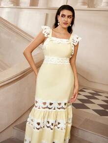 VOLUPTÉ CURVE 大码春夏连衣裙，复古花卉蕾丝拼接荷叶边袖镂空长裙，适合度假、派对、约会、休闲穿着 - 黃色 - 查看 2