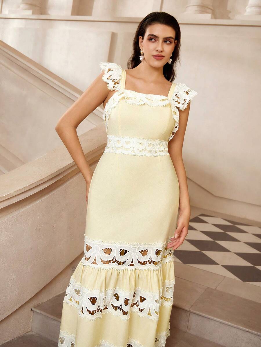 VOLUPTÉ CURVE 大码春夏连衣裙，复古花卉蕾丝拼接荷叶边袖镂空长裙，适合度假、派对、约会、休闲穿着