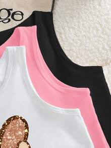 三件套蝴蝶结爱心印花休闲无袖上衣，适合春夏穿着，时尚吊带背心，粉色、白色、黑色可选，百搭牛仔裤，日常休闲穿着。 - 白色 - 查看 3