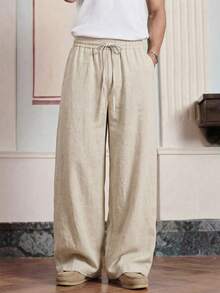 SWAVVY Men's Casual Comfortable Solid Color Elastic Waist Drawstring Pants Men Wide Leg Pant Wide Leg Sweats Loose Pants - Apricot - View 2