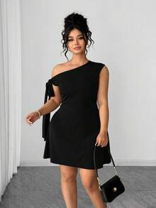 Elenzga Plus Size Women's Solid Color Asymmetrical Shoulder Short Dress - Black - View 4