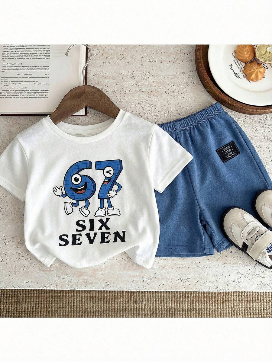 SHEIN 2pcs/Set Baby Boy/Girl Casual Cute Crayon Animal Print Loose Round Neck Knit Top T-Shirt And Shorts Set, Suitable For Spring/Summer Wear - Multicolor - View 1