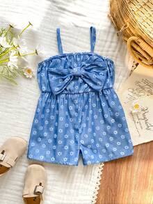 Vintaside Kids 女宝宝可爱休闲夏季蓝白条纹蝴蝶结吊带连体衣 - 藍色 - 查看 3