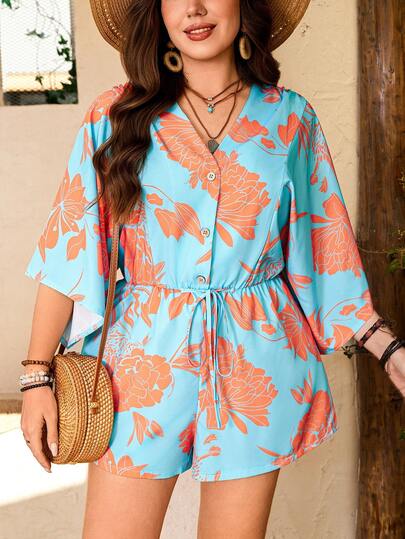 Breezaya Plus Size Women's Vibrant Floral Print Orange V-Neck Wooden Button Waist Tie Jumpsuit, Elegant Vacation Casual Versatile For Spring/Summer