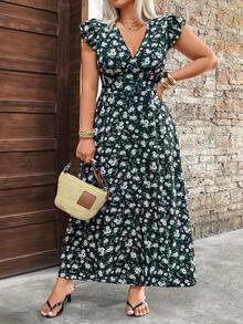 Breezaya Plus Size Women's Summer Romantic Floral V-Neck Dress, Elastic Waist Ruffle Hem Maxi Dress, Suitable For Beach Vacation And Travel Women's Summer Dresses Women's Floral Dress Women Casual Dresses Women Holiday Dress Women's Spring Dress - Navy Blue - View 4