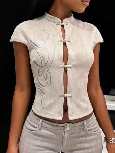 Muchica Summer Top Women's Graphic T-Shirts Sexy Stand-Up Collar Suede Top With Chinese Knot Buttons, Perfect For Music Festival Parties And Casual, Versatile Everyday Shirts. Office Outfits For Women