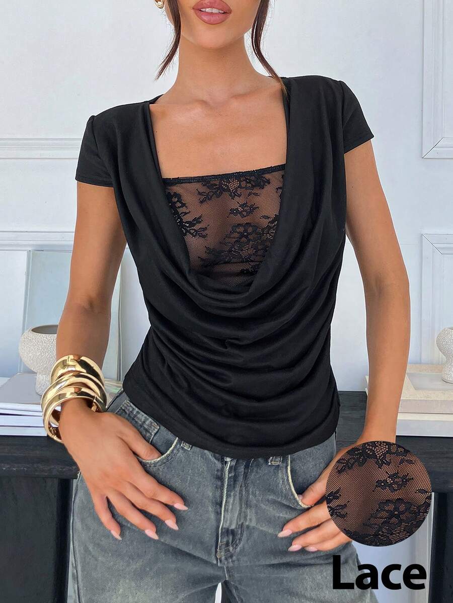 Siren Gaze 春夏新款蕾丝拼接荷叶边领T恤，女士优雅黑色弹力修身褶裥收腰显瘦上衣 - 黑色 - 查看 1