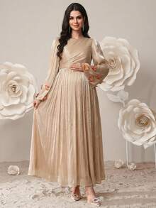 SHEIN Đầm bầu tay dài cổ tròn xếp ly màu trơn thanh lịch - Màu Khaki - Xem 4