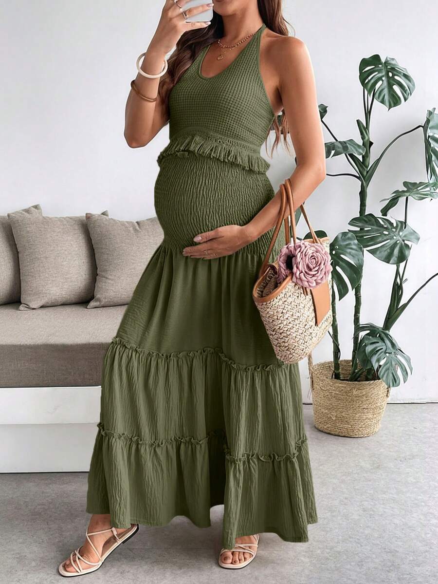 SHEIN 孕妇流苏U领无袖露背夏季吊带上衣和短裤两件套 - 軍綠色 - 查看 1