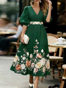 Balvessa 女士V领短袖花瓣袖优雅印花连衣裙 - 綠色 - 查看 3