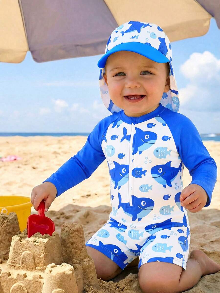 SHEIN Nuevo conjunto de 2 piezas de traje de baño de una sola pieza con estampado digital de animales marinos lindos y gorra de protección solar a juego para bebés/niños pequeños, para playa/vacaciones
