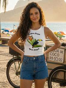 CAJUNI Blusa casual ajustada con cuello redondo y estampado de letras y pájaros, adecuada para citas y salidas - Beis - Ver 6