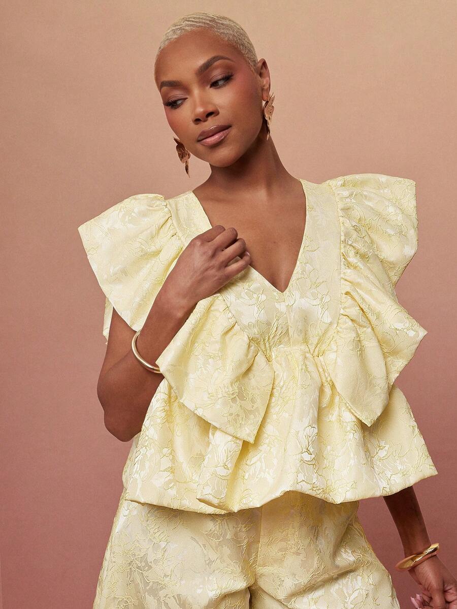 Vixey Satin Jacquard V Neck Ruffle Petal Sleeve Peplum Hem Top - Yellow - View 1