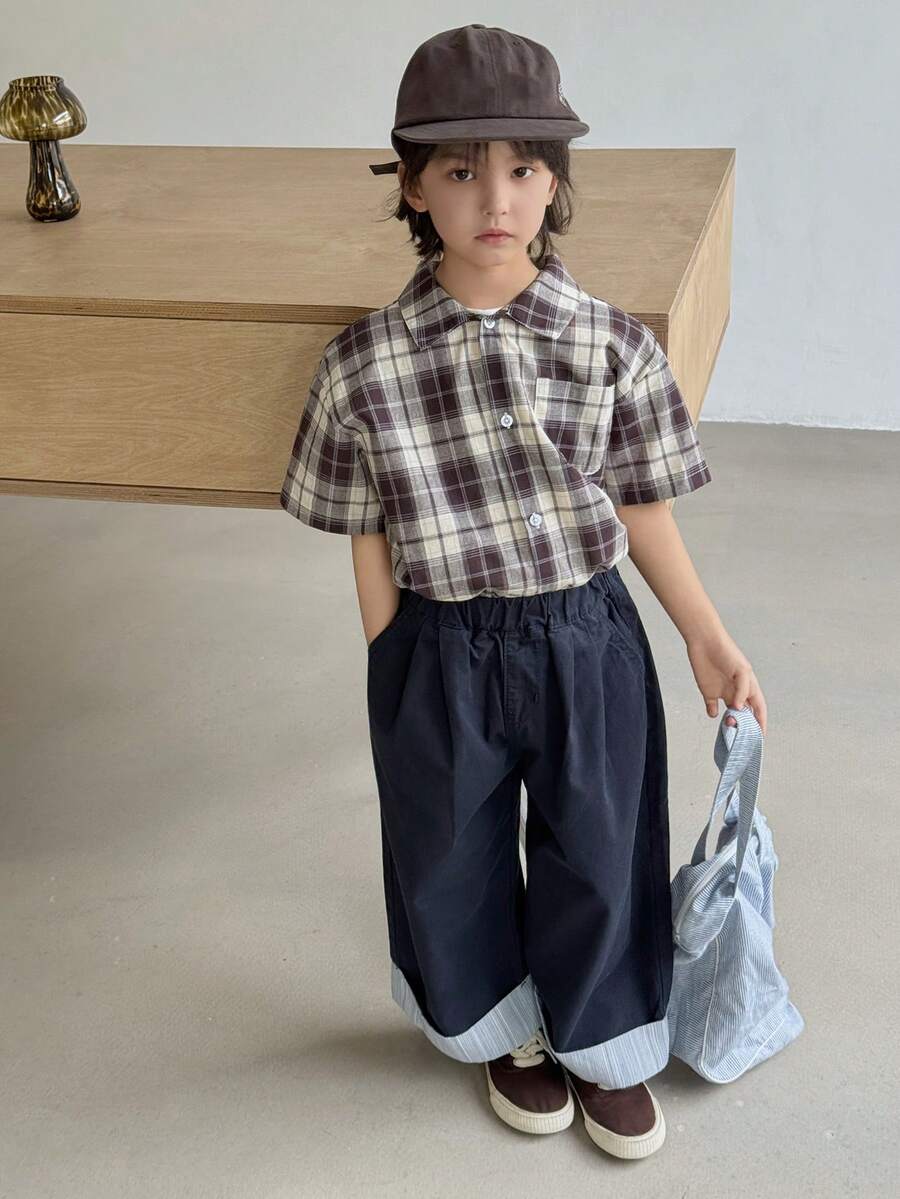 DAZY Contrast Striped Cuffed Hem Loose Wide-Leg Jeans, Casual Daily Commute Vacation Style For Young Boys - Navy Blue - View 1