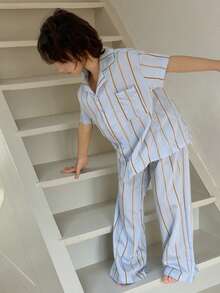 Dazy Kids Tween Boy Striped Short Sleeve Single-Breasted Top And Long Pants Pajama Set - Blue - View 3