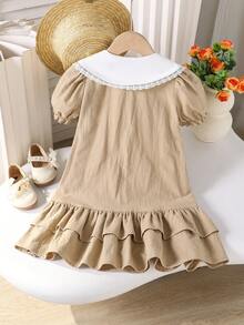 SHEIN Playful Pals Đầm babydodo tay cánh hoa thêu hoa mùa hè giản dị cho bé gái - Màu Khaki - Xem 2