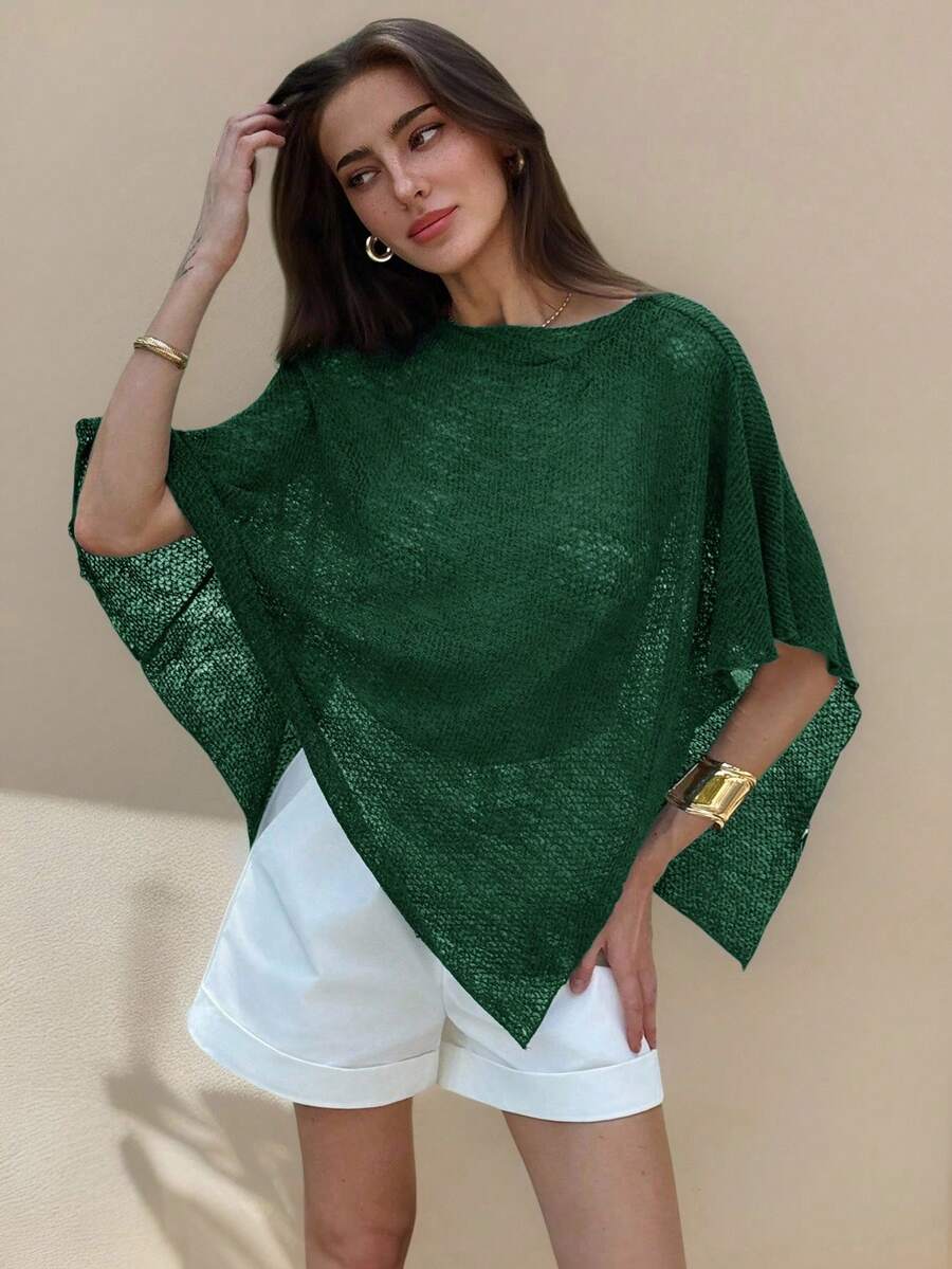 Aloruh 新款时尚杏色多功能针织提花镂空连体露背披肩领多穿度假风轻薄罩衫 - 墨綠色 - 查看 1