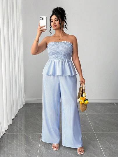 Elenzga Yazlık Yeni Kadın Günlük Mavi Beyaz Çizgili 2 Parça Takım, Rahat Tatil Kıyafeti, Günlük Gezinti Takımı, Plaj Giyimi, Tatil İçin Şık Mavi Beyaz Çizgiler, Modaya Uygun ve Genç Görünümlü, Bandeau Üst ve Pantolon İki Parça Takım