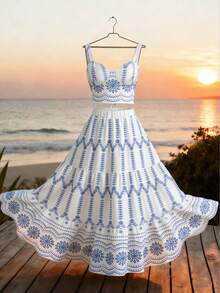 Lyxana 女士度假休闲优雅印花吊带背心和A字裙套装 - 藍白色 - 查看 5