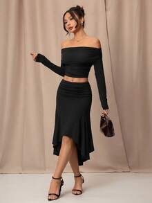 SHEIN PETITE 女士优雅休闲不对称褶皱棕色半身裙，春夏黑色半身裙 - 黑色 - 查看 6