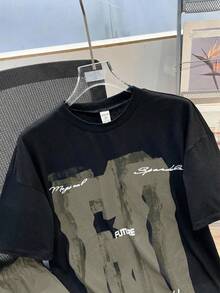 SHEIN 青少年男孩極簡印花短袖T恤與短褲套裝，青少年男孩 - 薄荷綠 - 查看 4