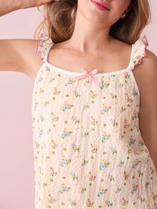 Bonmuse Women's Ditsy Floral Pajamas Set, Including Backless Camisole Top With Frilled Edges And Loose Belted Shorts - Yellow - View 7