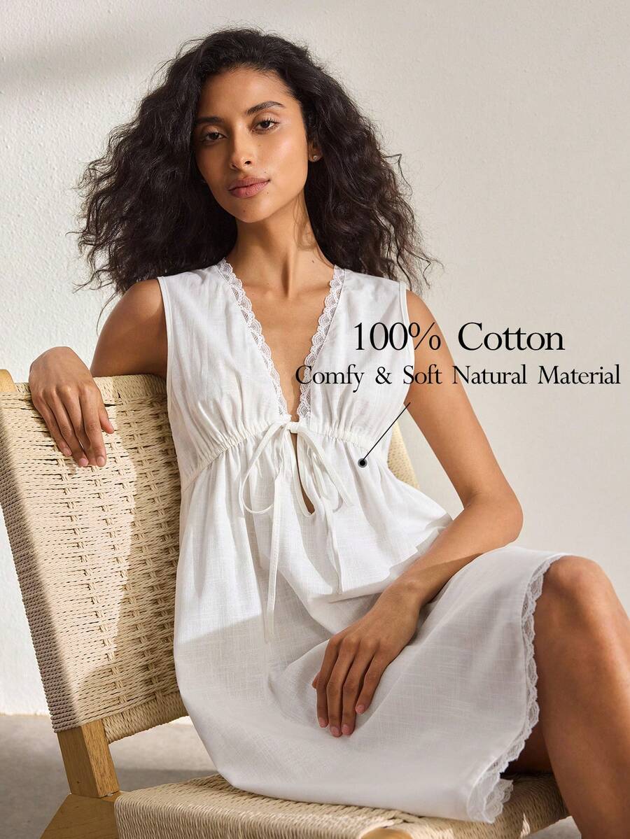 Ocili Women's Solid Color Contrast Lace Front Tie Sleeveless Nightgown - White - View 1