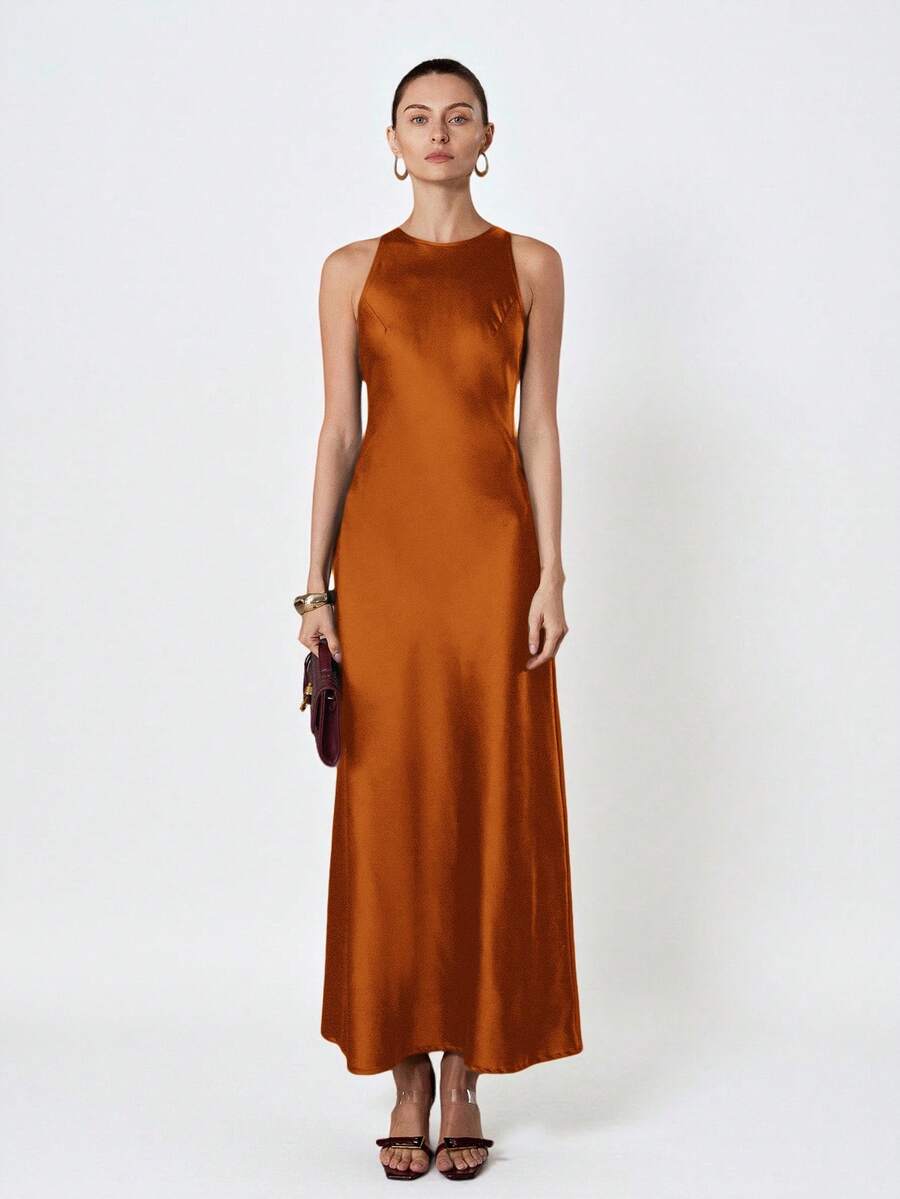 Aveloria Modichic 简约优雅不对称斜裁双面缎面醋酸纤维面料A字无袖连衣裙（女款） - 橘色 - 查看 1