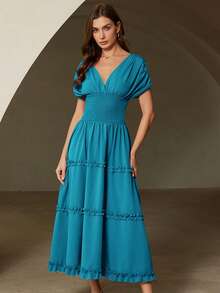 Aveloria Rosie Vestido elegante y romántico para mujer con volantes, mangas cortas, hombros caídos, cintura fruncida, falda acampanada y bajo con volantes, versátil para vacaciones - Azul - Ver 4